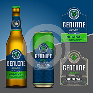 Vector beer labels. Aluminum can and glass bottle mockups