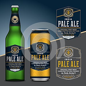Vector beer labels. Aluminum can and glass bottle mockups