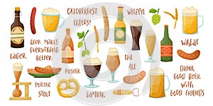 Vector beer set with beer mugs, bottles, German sausages and pretzels. Alcoholic beverages