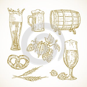 Vector Beer Sketches Set. Hand Drawn Illustrations of Glasses, Cask or Barrel, Hops and Snacks.