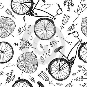 Vector bicycles, florals and leaves hand drawn seamless pattern. Vintage doodle style background.