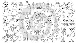 Vector big black and white wedding elements set. Cute marriage line clipart and scenes with bride and groom, bridesmaids, rings,