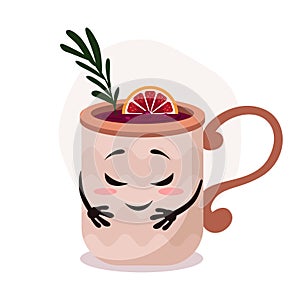 Vector big brown cup with hot drink. Mulled wine with rosemary and orange. Funny cartoon mug character with smile.
