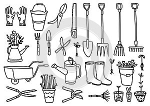 Vector big collection of gardening tools. Rake,shovel,wheelbarrow,seedlings,boots,gloves,pruner,bailer in hand drawn doodle style photo