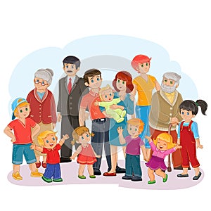 Vector big happy family - great-grandfather, great-grandmother, grandfather, grandmother, dad, mom, daughters and sons