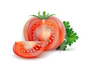 Vector Big Ripe Red Fresh Cut Whole Tomatoes with Parsley Close up on White Background