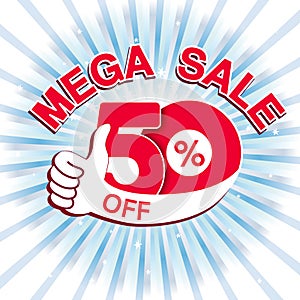 Vector big sale banner. Mega sale with 50 off. Red special offer with best choice symbol on blue striped background. Template des
