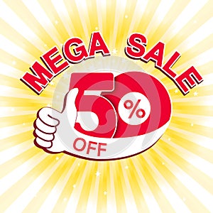 Vector big sale banner. Mega sale with 50 off. Red special offer with best choice symbol on yellow striped background. Template d