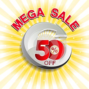 Vector big sale banner. Mega sale with 50 off. Red special offer on yellow striped background. Template design.