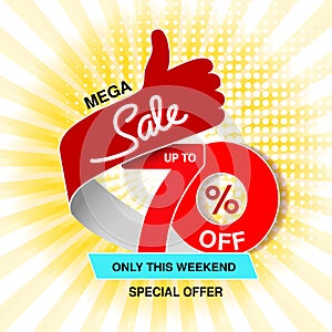 Vector big sale banner. Mega sale, up to 70 off. Red blue special offer only this weekend. Template design with best choice symbo