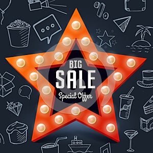 Vector Big Sale retro light banner on chalkboard with doodle objects. Star frame with bulb for shopping photo