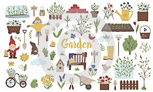 Vector big set of colored garden things, tools, flowers, herbs, plants. Collection of gardening equipment. Flat spring