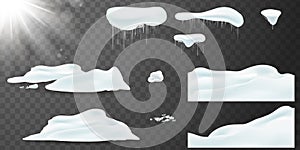 Vector Big set of realistic snow caps, snow, snowball, pile, icicles, snowdrift. Christmas snow, white elements, holiday