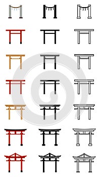 Vector Big Set of Silhouette, Line and Color Flat Torii Gate Icons.