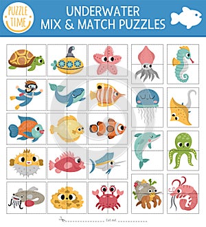 Vector big set of under the sea mix and match puzzle with cute characters. Matching ocean life activity for preschool kids.