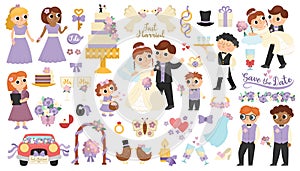 Vector big wedding elements set. Cute marriage clipart and scenes with bride and groom.