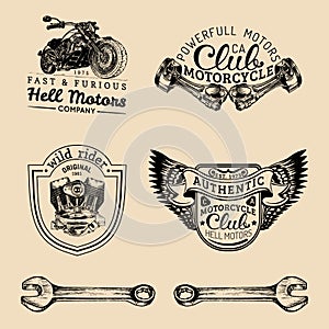 Vector biker club signs. Motorcycle repair logos set. Retro hand sketched garage labels. Custom chopper store emblems.
