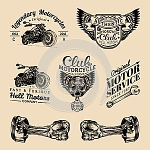 Vector biker club signs. Motorcycle repair logos set. Retro hand sketched garage labels. Custom chopper store emblems.