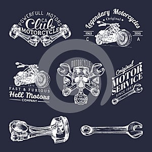 Vector biker club signs. Motorcycle repair logos set. Retro hand sketched garage labels. Custom chopper store emblems.