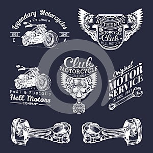 Vector biker club signs. Motorcycle repair logos set. Retro hand sketched garage labels. Custom chopper store emblems.