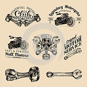 Vector biker club signs. Motorcycle repair logos set. Retro hand sketched garage labels. Custom chopper store emblems.