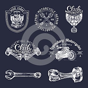 Vector biker club signs. Motorcycle repair logos set. Retro hand sketched garage labels. Custom chopper store emblems.