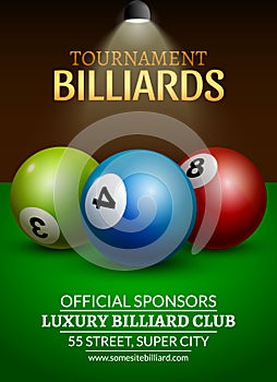 Vector Billiard challenge poster. 3d realistic balls on billiard table with lamp. Flyer design cover championship