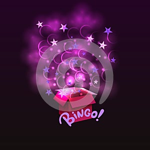 Vector Bingo box with abstract glowing stars and shining circles isolated on a dark background, win, winner backdrop.