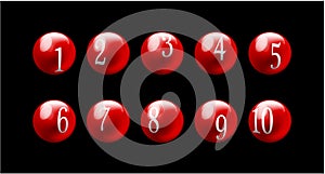 Vector Bingo Lottery Number Red Balls 1 to 9 Set Isolated on Black Background.