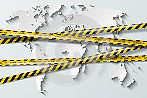 Vector biohazard danger yellow black tape on white paper cut world map background. Safety fencing ribbon. World quarantine flu.