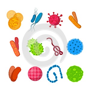 Vector biology icons. Illustration of bacteria and microbe organism allergen. Staphylococcus, ebola and other.
