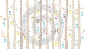 Vector Birch or Aspen Trees with Hanging Mason Jars and Love Birds