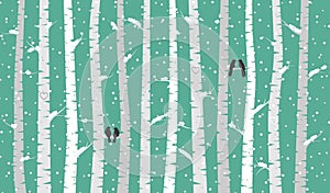 Vector Birch or Aspen Trees with Snow and Love Birds