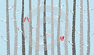 Vector Birch or Aspen Trees with Snow and Love Birds photo