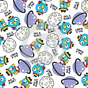 Vector bird character in the space with planet and rocket isolated on white background, Can be used for t-shirt print, fabric