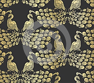 Vector bird peacock pattern seamless pattern dark gold