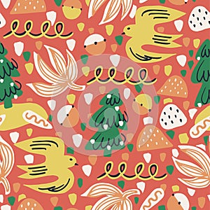 Vector bird, tree and leaf hand drawing illustration motif seamless repeat pattern