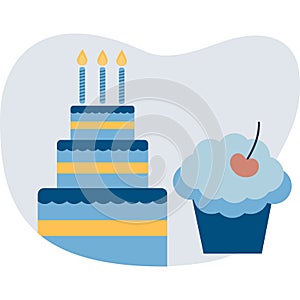 Vector birthday cake with candle and muffin icon