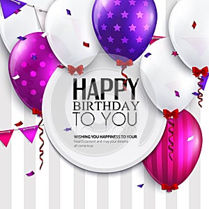 Vector birthday card with balloons and bunting flags on stripes background.