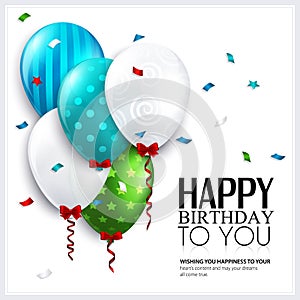 Vector birthday card with balloons and confetti.