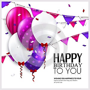 Vector birthday card with balloons and confetti.