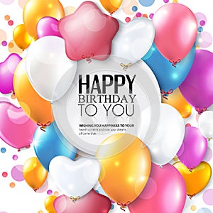 Vector birthday card with balloons and confetti.