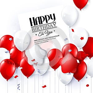 Vector birthday card with balloons and confetti.
