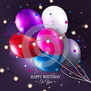 Vector birthday card with balloons and lights.