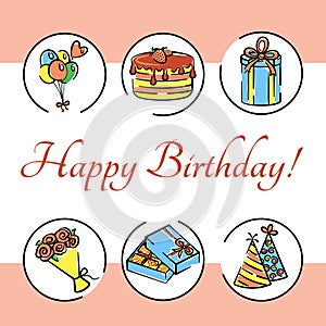 Vector birthday card with a bouquet of flowers, a box of chocolates, holiday caps, gift box, holiday cake, bunch  air balloon hand