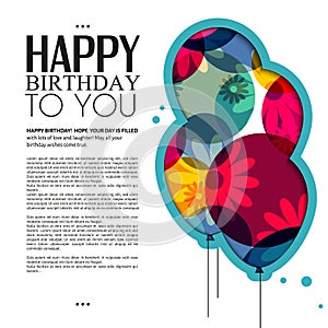 Vector birthday card with color balloons, flowers