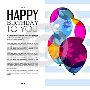 Vector birthday card with color balloons and text.