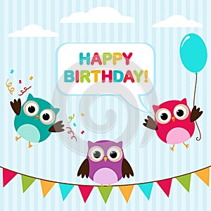 Vector birthday card with owls