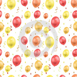 Vector Birthday Colorful Background Template, Seamless Pattern, Golden Confetti and Different Colored Balloons.