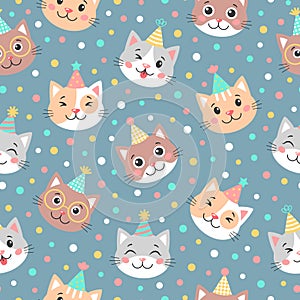 Vector birthday colorful seamless pattern with cute cats and confetti. Party illustration on blue background